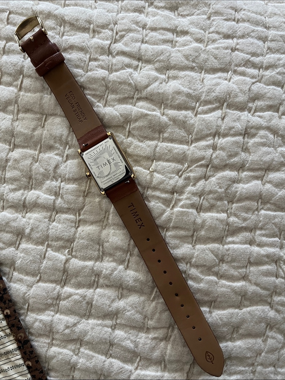 Women’s Timex Gold-Tone Rectangular Watch. Brown Leather Strap & Crystal Accents - Picture 3 of 3